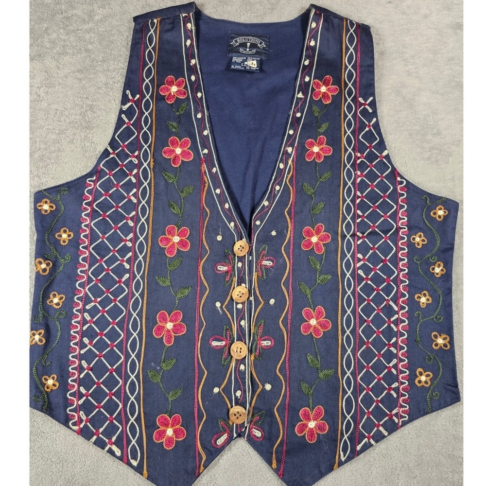 Solutions Original Vintage Navy Floral Embroidered Cotton Vest Boho Cottagecore